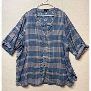 Womens AngelS Plaid Button-Up Blouse With Lace Details 3X